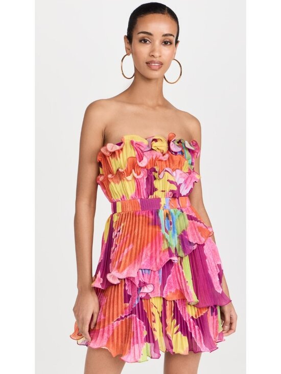 AMUR Dresses & Skirts - AMUR Massie Strapless Mini Dress Size 4 Purple Floral Pleated Ruffle A-Line